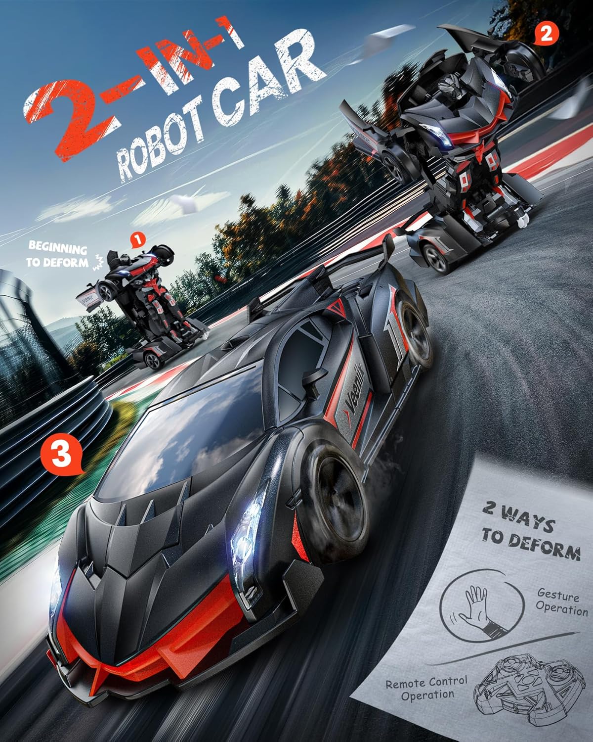 V992 Transform Robot RC Car, 1:14 Scale, 2-in-1 Robot Toy Car with Sound & Light Effects, Gesture Sensing, Automatic Deformation, Ideal Gift for Boys and Girls