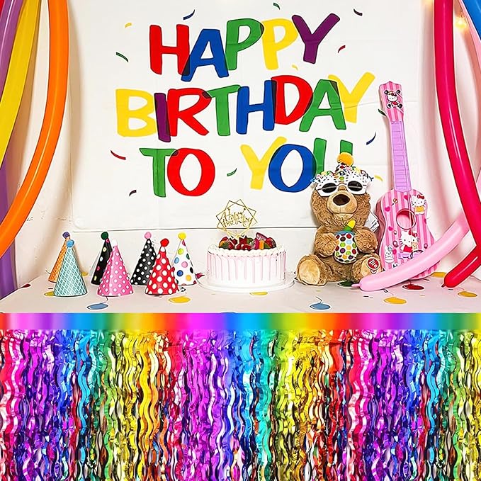 4P Wavy Metallic Tinsel Foil Fringe Table Skirts for Rectangle Tables Backdrop Garland Curtains for Parade Floats Wedding Birthday Parties Decoration Graduation 2025 Christmas (Rainbow)