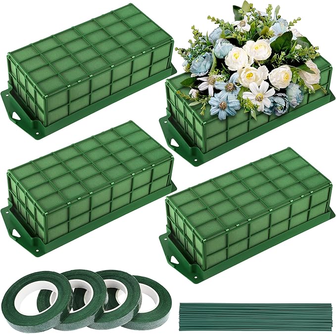 Aodaer 4 Pieces Floral Foam Cage with Floral Foam for Fresh and Artificial Flowers Rectangle Dry and Wet Flower Cage Bowl Holder for Wedding, Home and Garden Arrangement Decorations