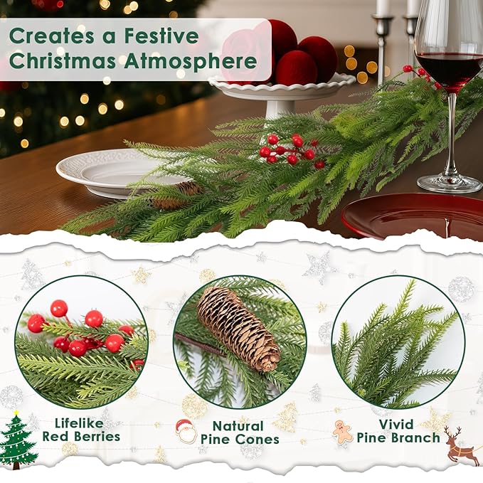 9FT Norfolk Pine Garland Christmas Artificial Greenery with Red Berries Cones, Pine Tree Decor for Mantel Fireplace Stair Rail Doorway Table, Indoor Outdoor Winter Christmas Decorations