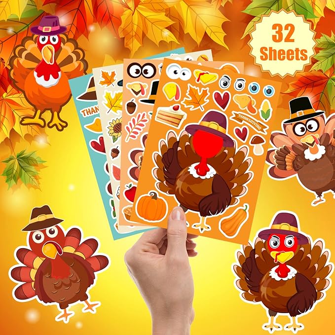 32 Sheets Thanksgiving Stickers, Thanksgiving Crafts for Kids, Make-A-Turkey Stickers for Kids Thanksgiving Party Favors Decorations Games Supplies