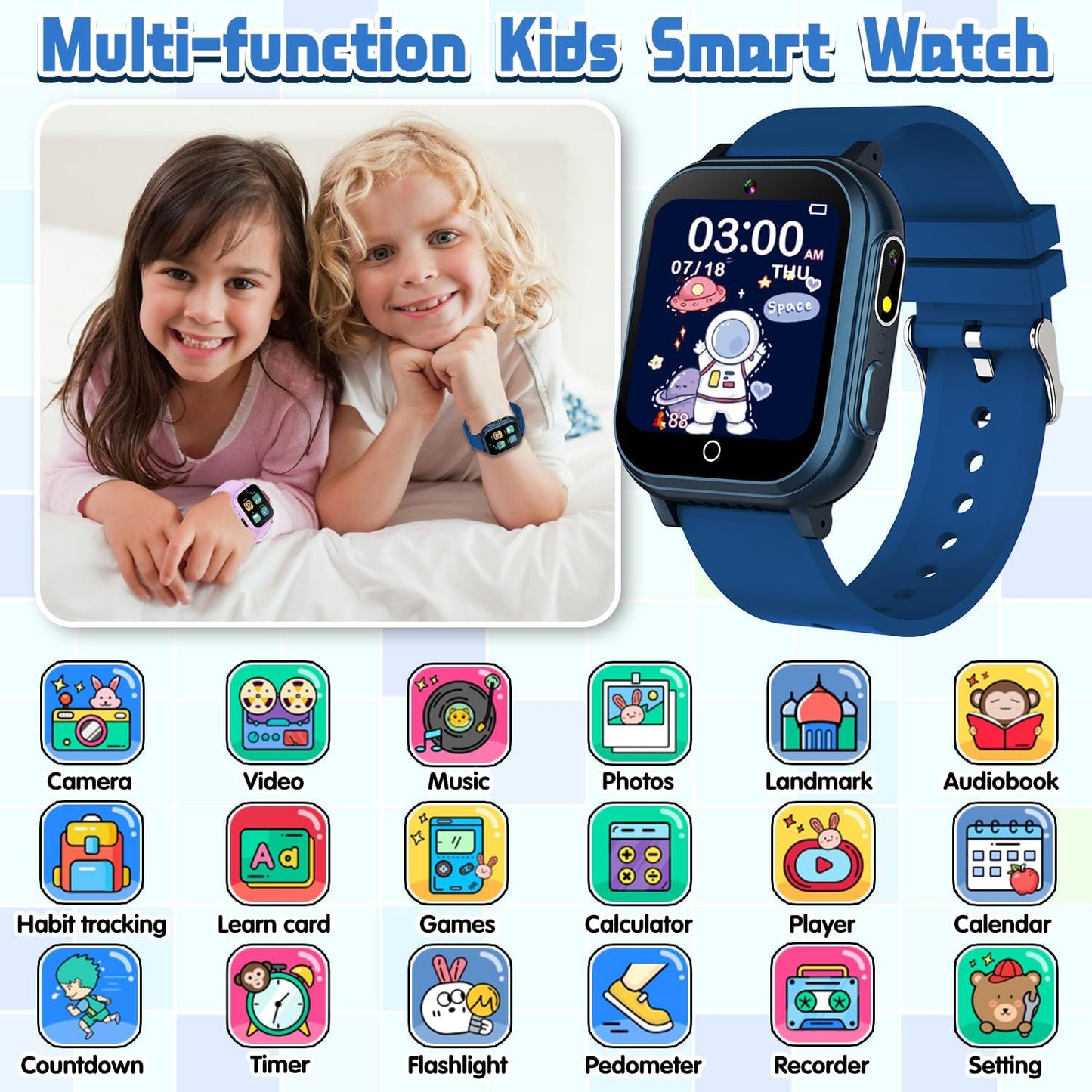 Kids Smart Watch Gift for Boys Ages 3-12, IP67 Waterproof, 32 Puzzle Games, HD Touchscreen Dual Camera Vedio Pedometer Music Player, Kids Watch Toy Birthday Gifts for Boys Ages 5 6 7 8 9 10 (Blue)