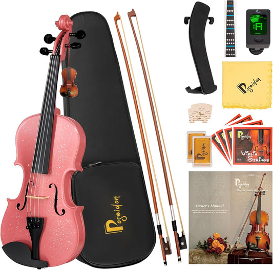 Poseidon Violin 4/4 Violin for Beginner, Girls Violin with Premium Solidwood Spruce Top with Hard Case, Extra Bows, Extra Strings, Shoulder Rest, Rosin, Clip-on Tuner, Manual