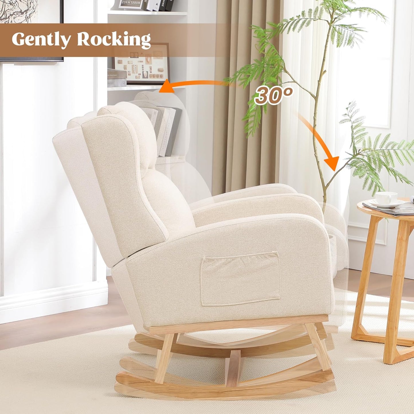 Rocking Chair Nursery, Nursing Rocking Chairs for Mom Nursery, Comfy Wingback Glider Rocking Armchair with Side Pocket for Nursery Living Room, Beige