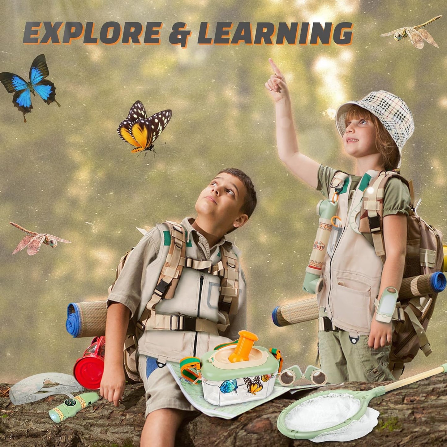SMILESSKIDDO Kids Explorer Kit, 27 Pcs Outdoor Explorer Kit & Bug Catching Kits - Kid Nature Kits Outdoor Camping Adventure Toys for Kids 3+ Years Old
