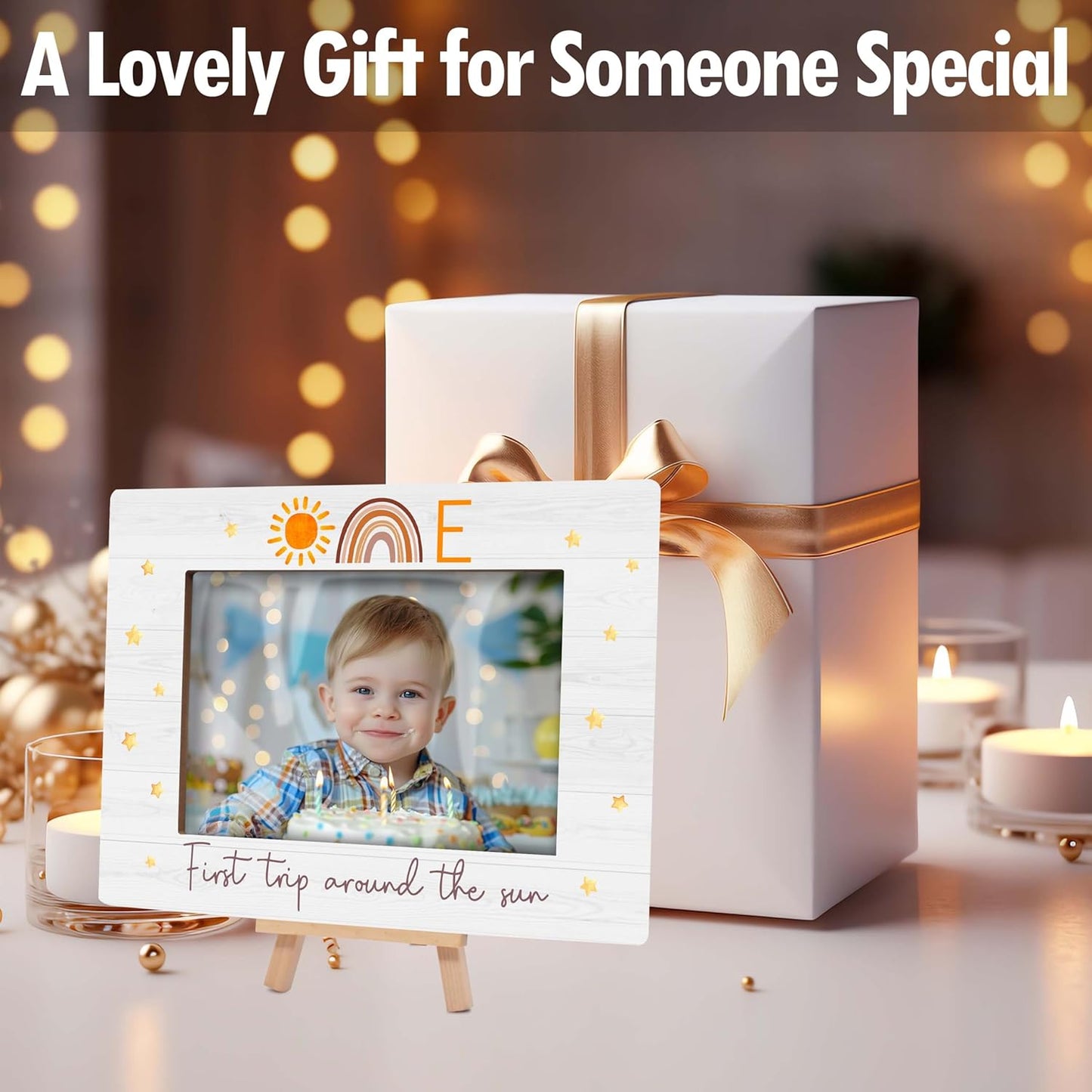 My 1st Birthday Picture Frames, Boho Rainbow Wooden 4x6 Photo Frame with Easel, Baby First Year Birthday Gifts for Home Office Tabletop Display Decorations - G07