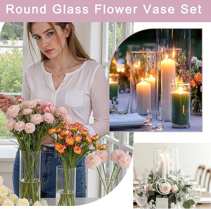 48 Pcs Glass Cylinder Vases Set (4/6/8/10 Inch) – Modern Flower Vases for Centerpieces, Bud Vase Arrangements & Floating Candles – Wedding/Christmas/Home Decor Essentials
