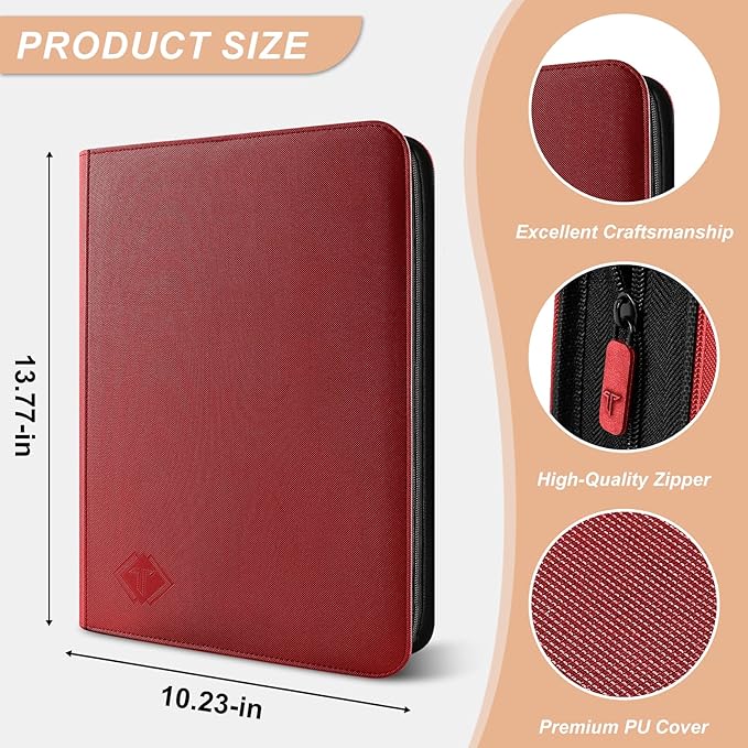 Trading Card Binder 9-Pocket, TCG Binder Fit for MTG Yugioh Card Album Book 432 Side-Loading Pockets, Premium Card Collection Binder for Baseball Football Sports Cards PTCG with Zipper (Red)