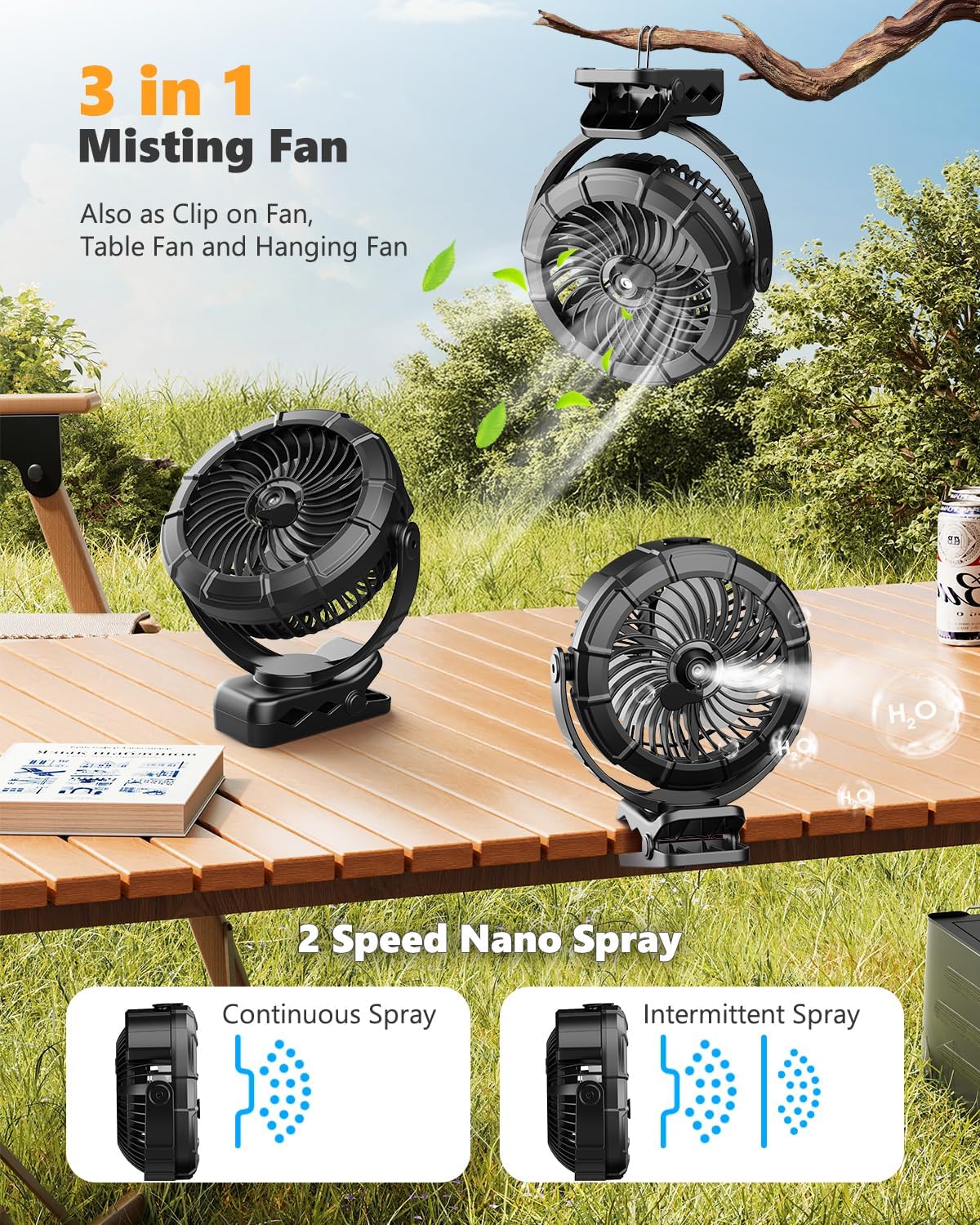 Ausic 3-in-1 Portable Clip on Fan with Misting & LED Lights & Hook, 100ML Baby Stroller Fan, 5200mAh Rechargeable Battery Operated & 360° Rotation & 3 Speeds for Table Outdoor Travel Camp Golf Cart