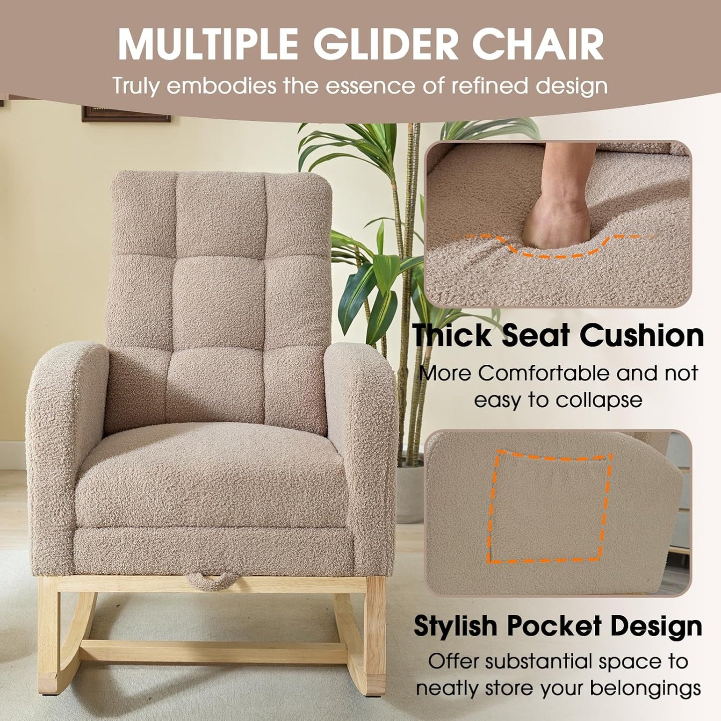 NIOIIKIT Modern Nursery Rocking Chair, Teddy Upholstered Rocking Chair with Footrest, Comfortable Rocker Chair with Side Pocket, Rocker Chair for Living Room, Bedroom, Nursing Room (Brown)