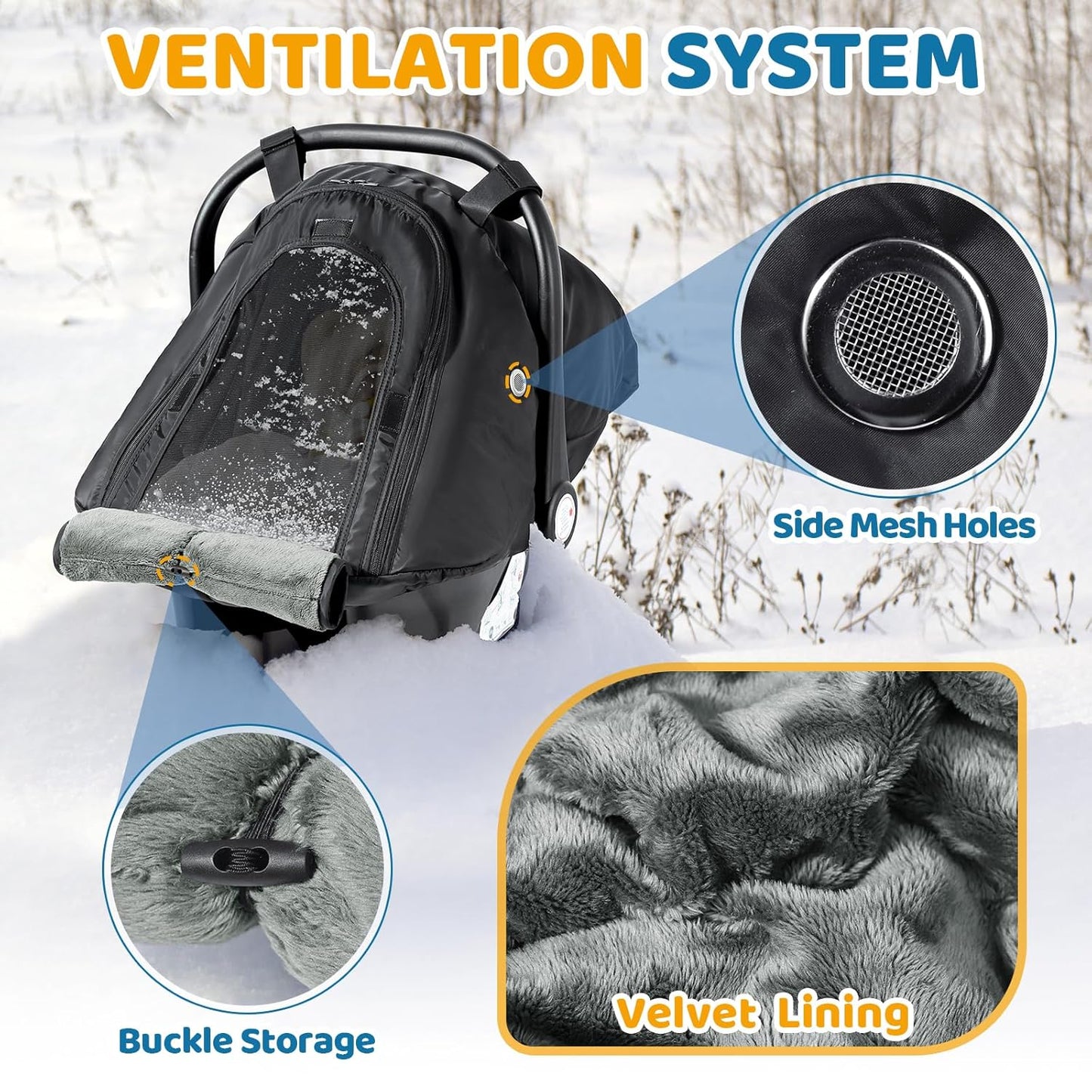 Orzbow Winter Car Seat Cover for Babies, Waterproof Carseat Canopy Cover with Peep Window of Breathable Mesh, Warm and Cozy Baby Car Seat & Carrier Covers for Cold Weather, Machine Washable, Black