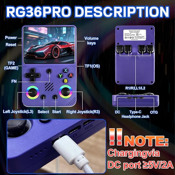 RG36PRO Retro Handheld Game Console - Open Source System,3.5"IPS Screen,30,000+ Classic Games,64G TF card, 3000mAh Battery,Portable Gaming Player for Travel,Gift for Teen or Partner -Purple
