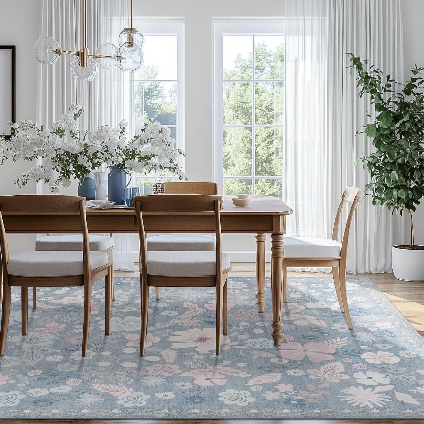 Blue Area Rugs 9x12 Living Room Floral Boho Vintage Machine Washable Area Rugs Stain Resistant Low Pile Cottage Core Carpet Rug for Bedroom Dining Room Classroom Playroom,Slate Blue