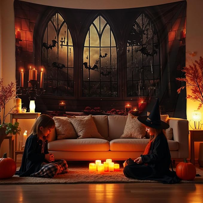 QGHOT Halloween Tapestry Wall Hanging Horror Castle Window Tapestry Gothic Spooky Backdrop Vampire Medieval Tapestries for Bedroom Living Room Dorm Wall Art Decor (90.6"x70.9")