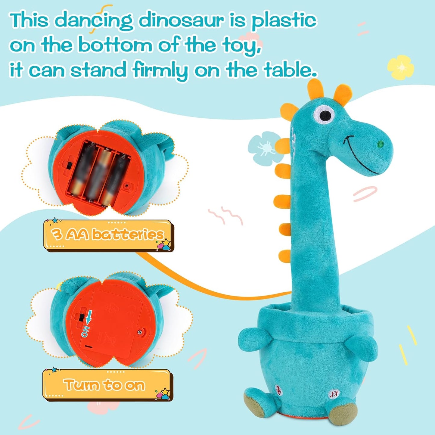 Dancing Talking Dinosaur for Baby Toddler, Interactive Mimicking Toy with Recording and Repeating, 60 Songs