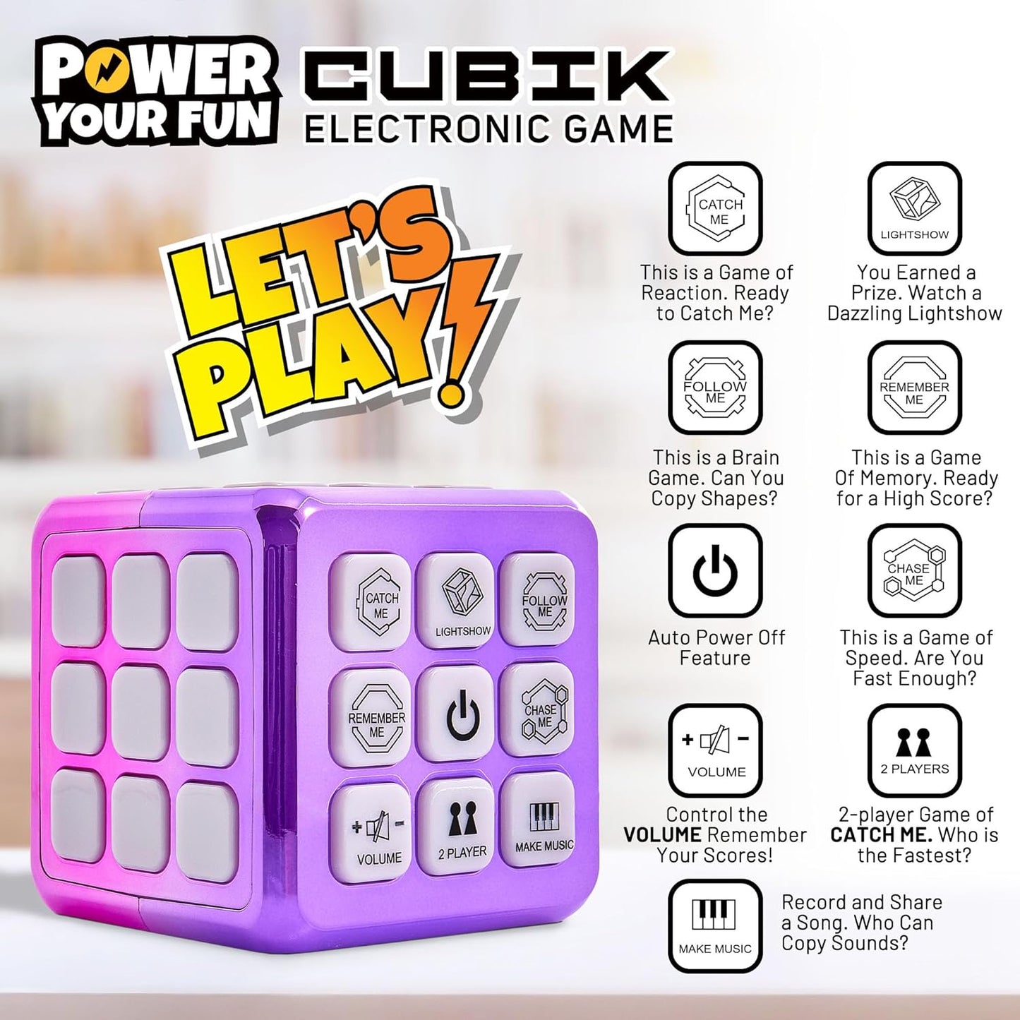 Power Your Fun Cubik LED Flashing Cube Memory Game - Electronic Handheld Game STEM Toy, 5 Brain Memory Games for Kids Brain Play Sensory Toys Puzzle Fidget Toy Light Up Cube (Metallic Pink/Purple)