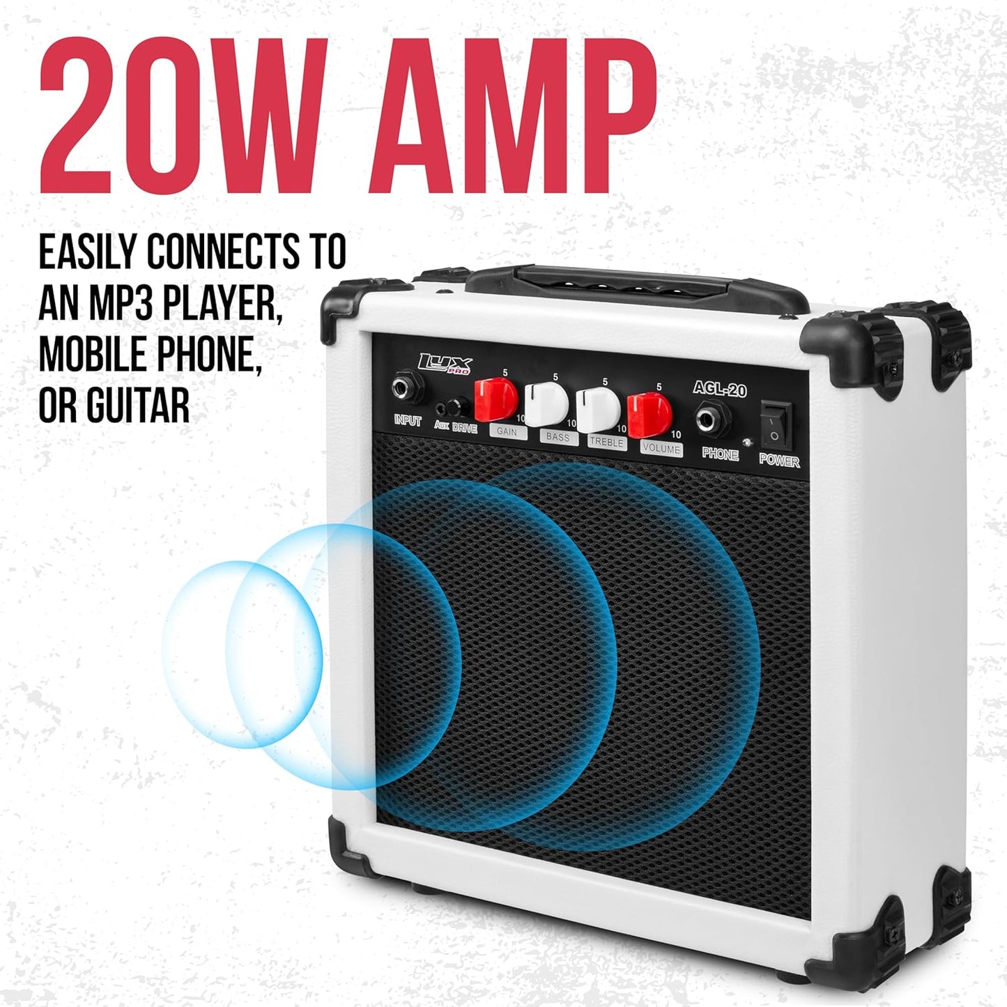 LyxPro 30 Inch Electric Guitar and Starter Kit for Kids with 3/4 Size Beginner’s Guitar, Amp, Six Strings, Two Picks, Shoulder Strap, Digital Clip On Tuner, Guitar Cable and Soft Case Gig Bag - White