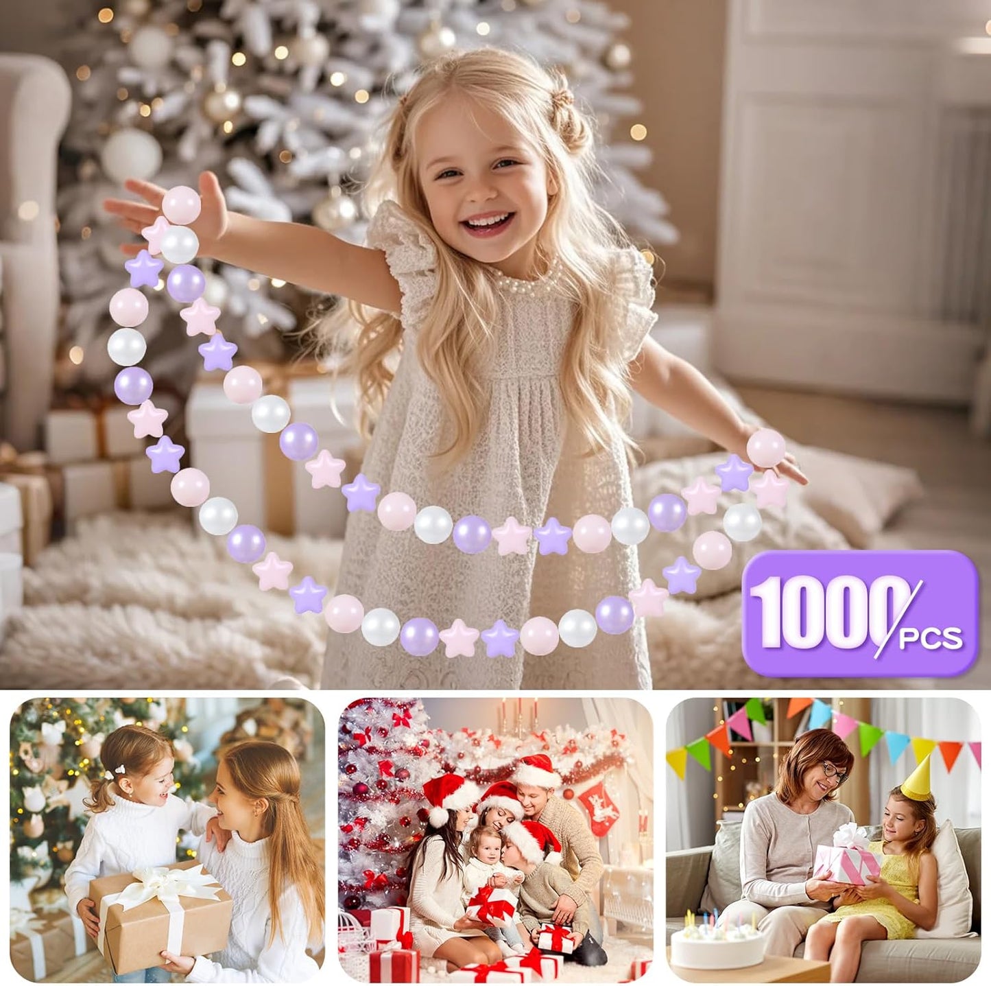 GOGOSO Balls for Ball Pit - Plastic Ball for Toddlers 1-3, Baby Kids Ball Pool Decoration 50 100 200 300 500 1000 (A Purple+Pink+White+Clear, 1000 Balls)