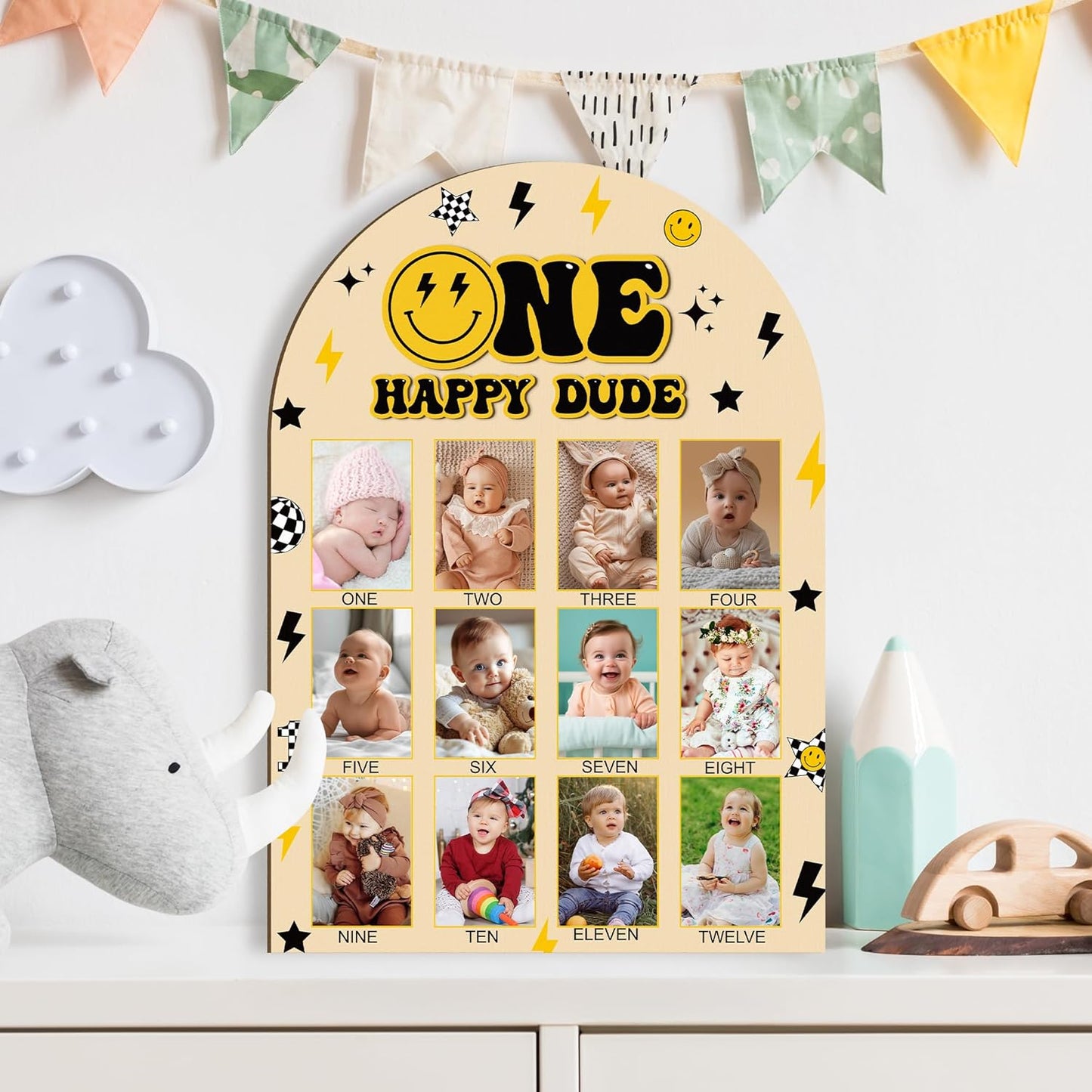 R HORSE My First Year Photo Frame Board, 3D One Happy Dude Birthday Decoration Display Wood Board, Baby Boy First Year Picture Frame 12 Months Milestone 1st Birthday Nursery Decor Gift