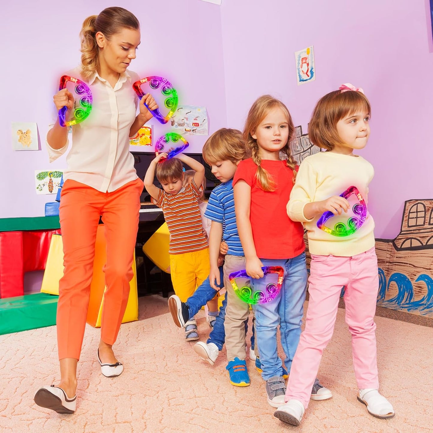 Aywewii LED Tambourine, Light Up Toys Handheld Musical Flashing Tamborine Sensory Toys Autism Toys Party Supplies for Birthday Anniversaries Gifts for Kids Adults Teens (6 Pack)