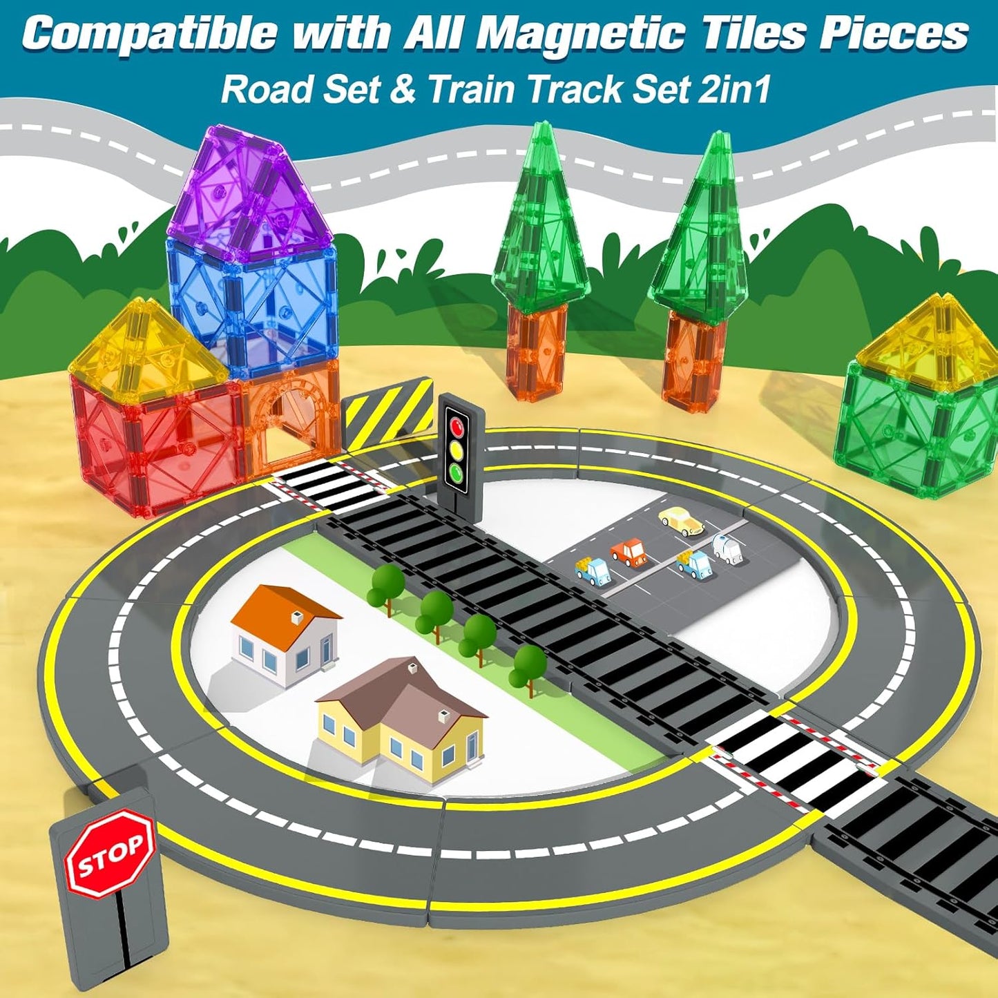 Magnetic Tiles Road & Train Track Expansion Pack Magnetic Building Blocks Construction Kids Toys for Ages 3-12 Boys Girls Building Toys Includes Road Tracks, Traffic Lights, Parking Spot