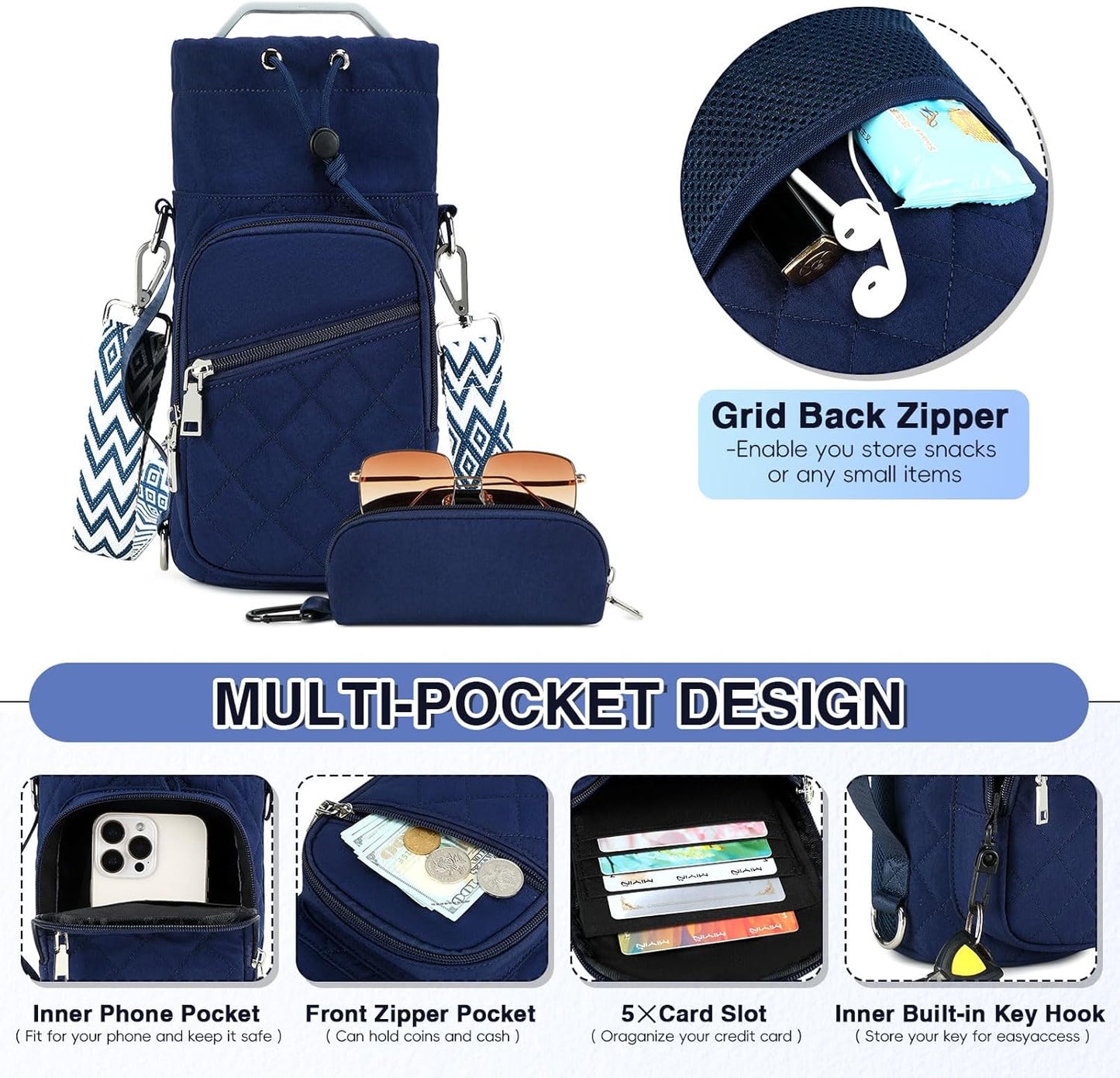 Water Bottle Carrier Bag with Strap, Water Bottle Holder Crossbody Bags for Women Men for Walking, Hiking,Cycling