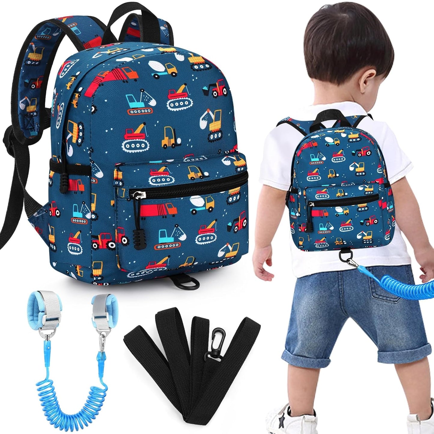 Accmor Toddler Backpack with Leash, Cute Baby Backpack with Anti Lost Wrist Link, Mini Kids Backpack Leash Walking Harness for Travel, Adjustable Excavator Backpack Tether for Boys Girls Ages 1-3