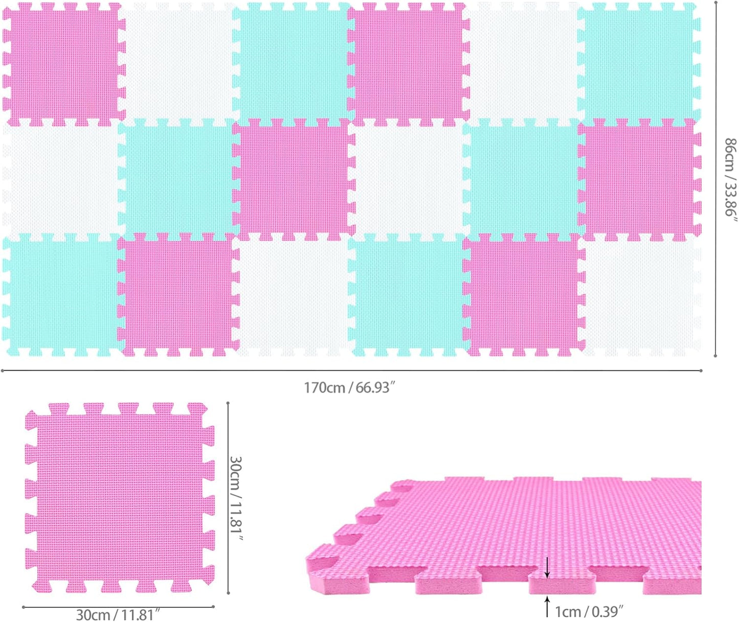 qqpp EVA Rubber 18 Tiles Interlocking Puzzle Foam Floor Mats - Baby Play Mat for Playing | Exercise Mat for Home Workout. White, Pink, Green. QC-ACHb18N