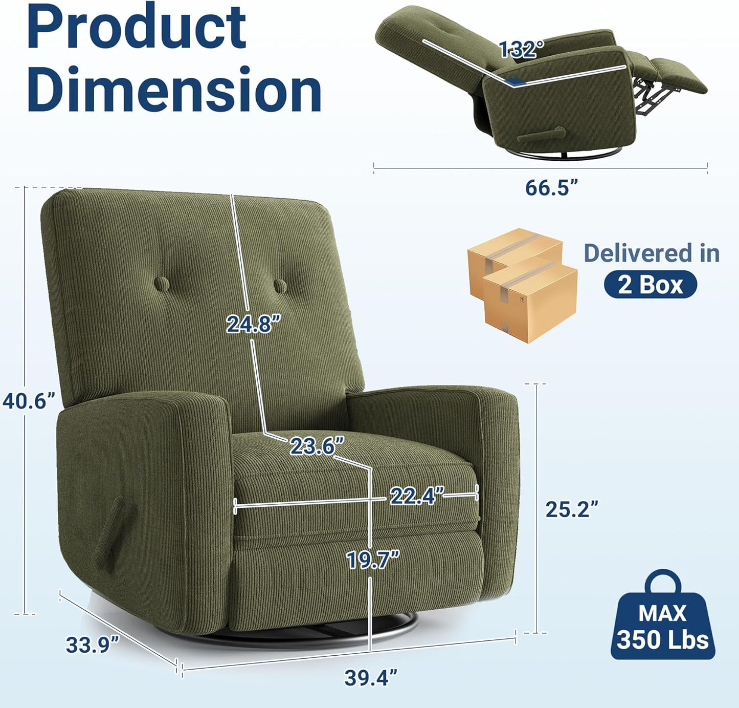 Recliner Chairs, Swivel Rocker Recline, Glider Recliner Nursery Chair for Adults, 360° Swivel Glider Rocking Chair for Living Room, Bedroom, Office, RV, Small Spaces, Corduroy, Green