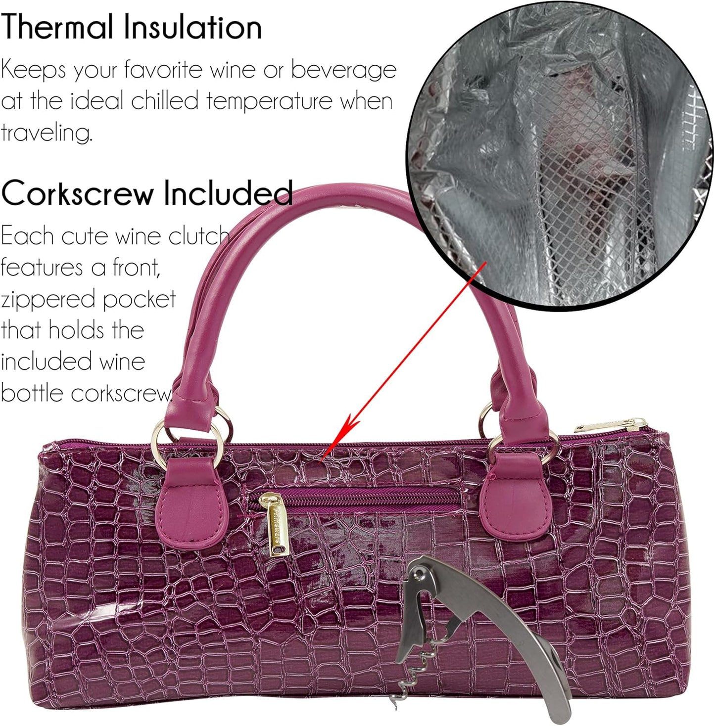Wine Clutch Bag (Thermal Insulated) Trendy Women’s Carry Tote | Holds Red & White 750mL Bottles | Trendy Fashion | Incl. Portable Waiter-Style Corkscrew