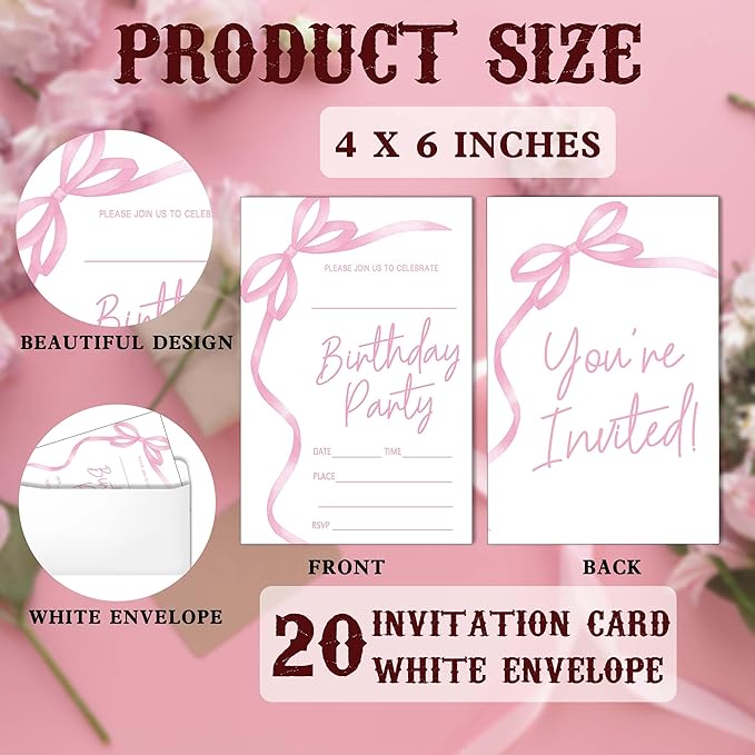 SIXEIGHT Pink Bow Birthday Invitations, Pink Ribbon Bow Birthday Party Invitations, 20 Party Invitations with Envelopes for Girls Boys, Birthday Party Favor & Decoration (4"x6")-A04