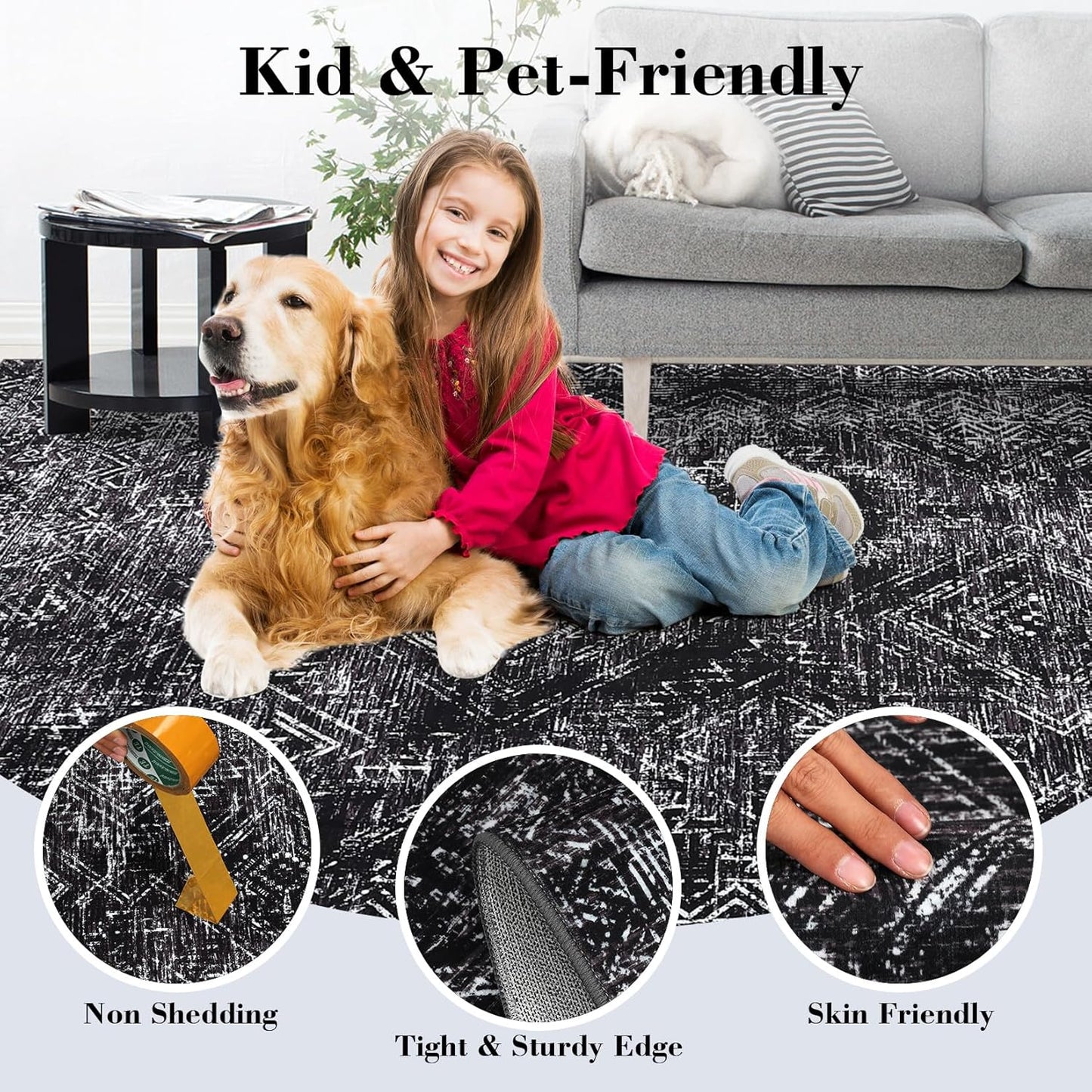 COZYLOOM Black Rug for Living Room 8x10 Washable Area Rugs Modern Abstract Floor Cover Non Slip Stain Resistant Geometric Mats Soft Throw Carpet for Nursery Bedroom Dining Room