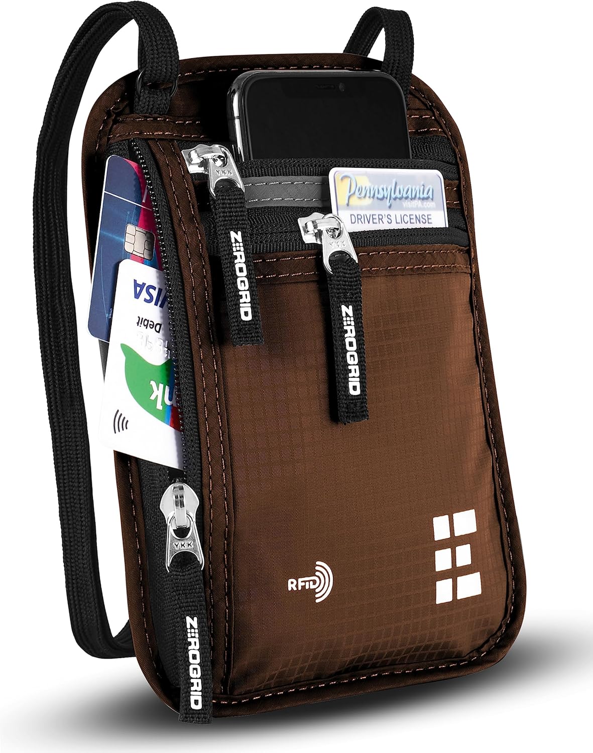 Neck Wallet for Travel & Passport Holder with RFID Blocking - Slim & Easy to Conceal Nylon Travel Pouch for men & women - Holds Phone, Cash, Cards, Keys - Sweat & Water Resistant - Large - Mocha