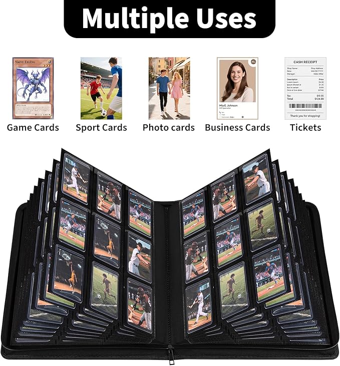 9-Pocket Toploader Binder, Baseball Football Sports Game Cards for 3"x4" Rigid Toploaders Trading Card Collection Album Holds 288 Cards Waterproof Storage Book Easy to Insert（Grey)