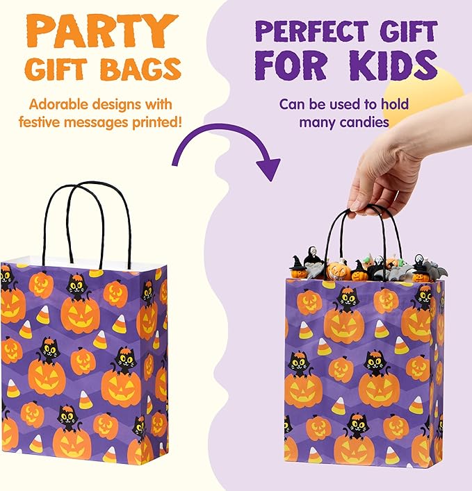 JOYIN 24 Pcs Halloween Paper Goodie Bags with Handles in 6 designs for Halloween Trick or Treat, Colorful Candy Bags for Party Favor, Party Supplies