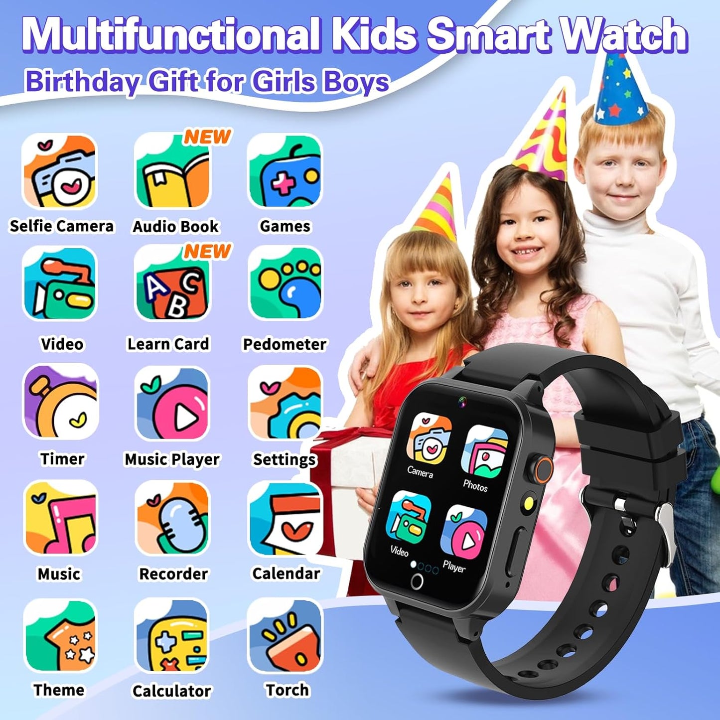 Vakzovy Kids Smart Watch for Kids with 26 Puzzle Games HD Camera MP3 Player Audiobook Video Pedometer Habit Tracking Learn Card Christmas Kid Smart Watch Boys Gift for 5-12 Year Old Toys