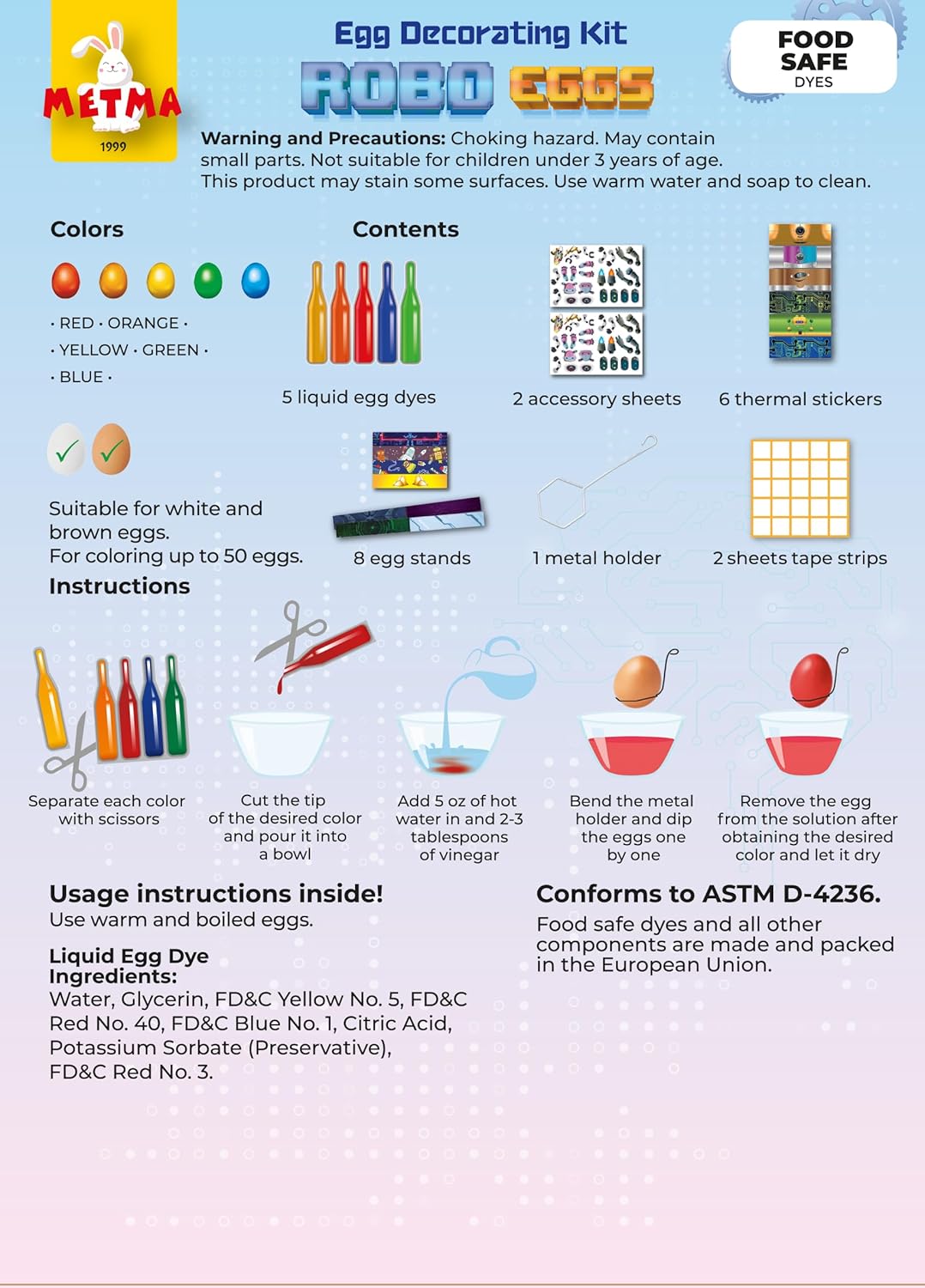 METMA 1999 Egg Decorating Kit ROBO - Complete Decorative Eggs Set with Liquid Dyes, Stickers, Egg Spinner, and More - Fun Easter Egg Dye Kit Arts and Crafts for Kids(ROBO Eggs)