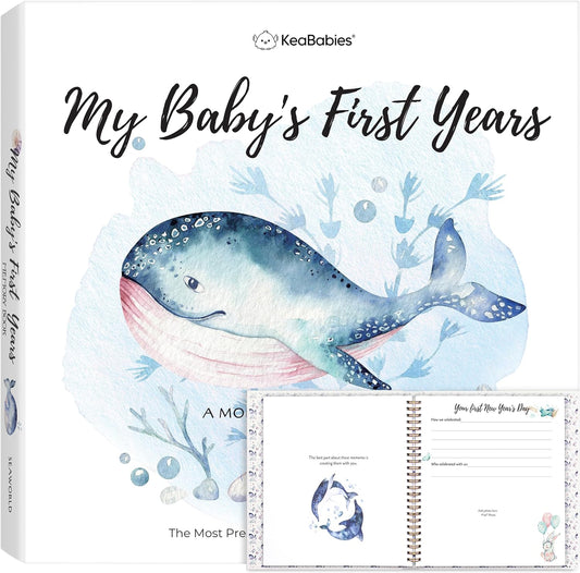 First 5 Years Baby Memory Book Girl, Boy - 90 Pages Hardcover First Year Milestone Keepsake Book, Newborn Scrapbook for New Parents, Minimalist Photo Album Journal, Gift for Baby Shower (SeaWorld)