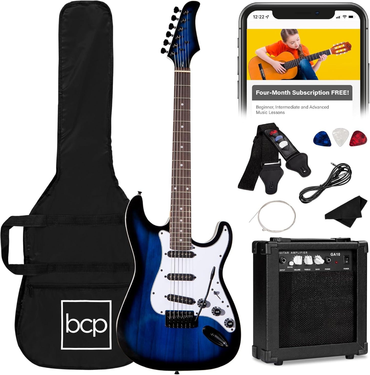 Best Choice Products 39in Full Size Beginner Electric Guitar Starter Kit w/Case, Strap, 10W Amp, Strings, Pick, Tremolo Bar - Hollywood Blue