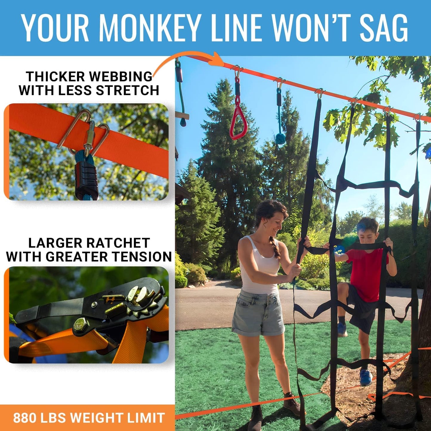 Ninja Warrior Obstacle Course for Kids – 2 x 50 ft Slacklines with 10 Weatherproof Obstacles – Monkey Net, Ratchet-Tight Technology, Supports Up to 880 lbs – Climbing & Swinging Equipment