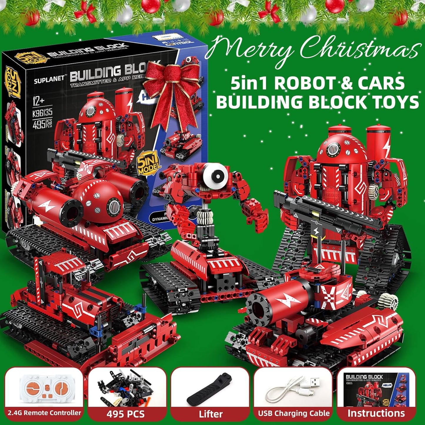 STEM Robot Toys for Kids Ages 8-14, 5-in-1 Remote Control and APP Programmable Robot Toys - 495 Pcs DIY Building Science Educational Kit, Building Block Birthday Present for Teen Boys Girls