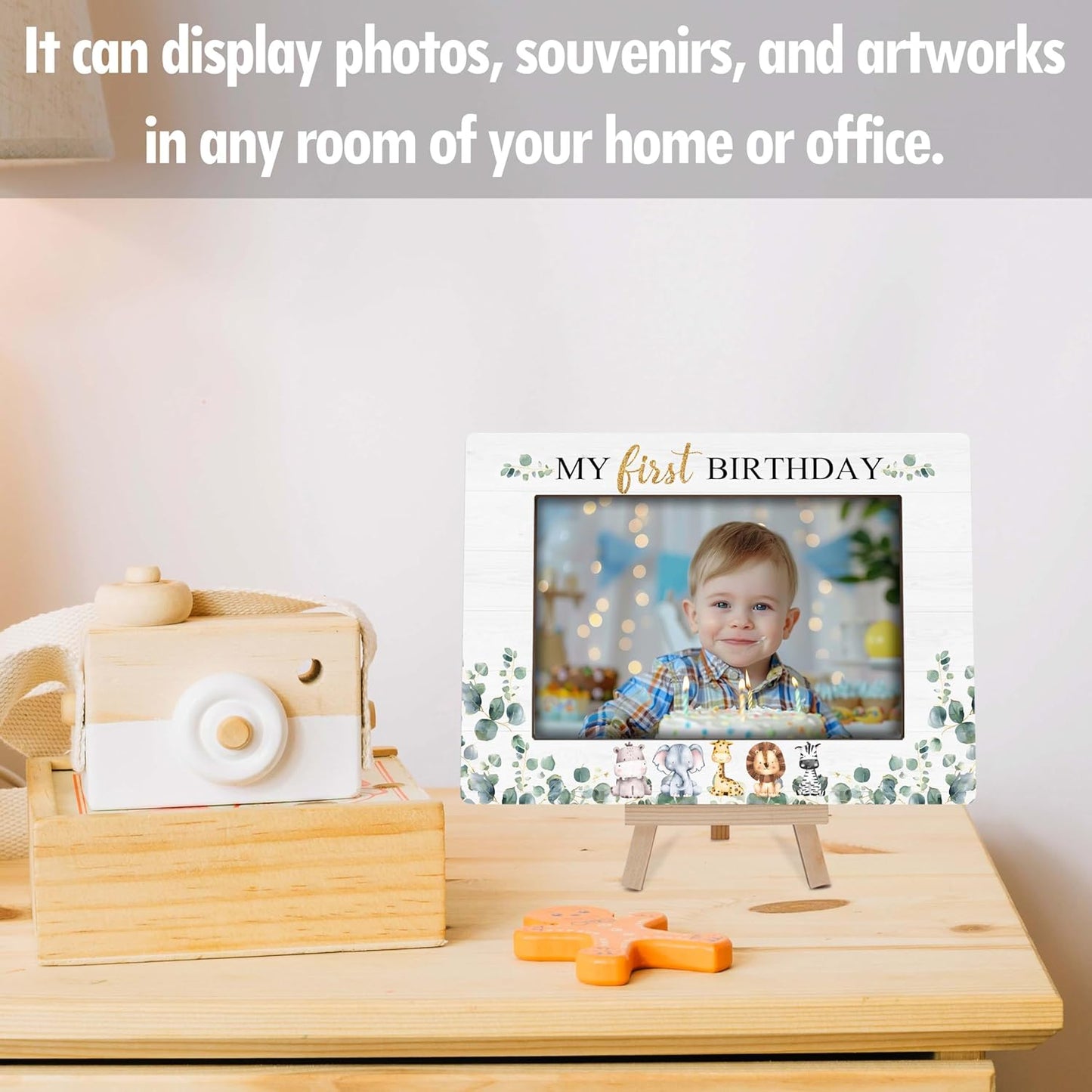 My 1st Birthday Picture Frames, Safari Animal Wooden 4x6 Photo Frame with Easel, Baby Wild One Birthday Gifts for Home Office Tabletop Display Decorations - G03