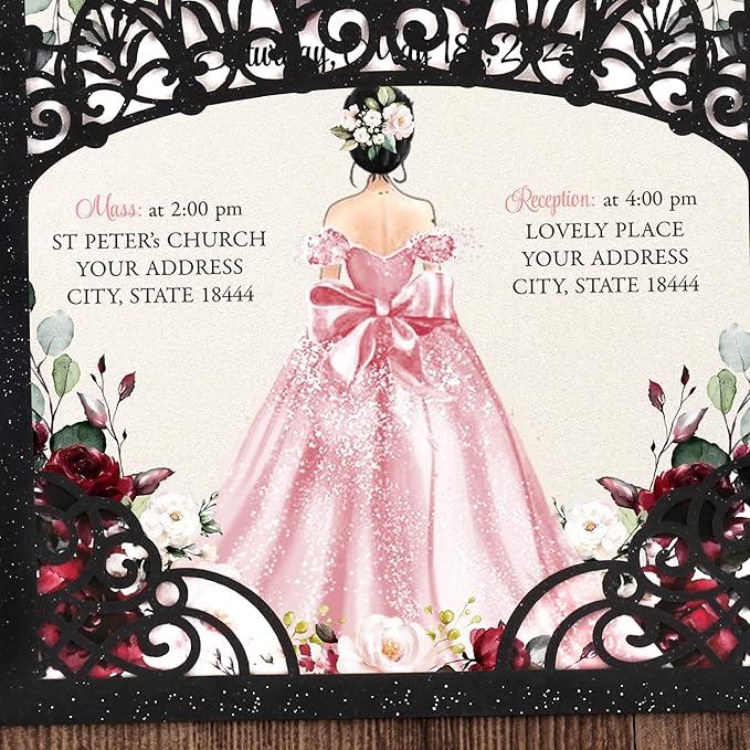 50Pcs Pink Crown Invitations for Quinceanera, 15 year, Sweet 16, Miss XV, Birthday Laser Cut Quince Invitation Cards Personalized Pearlized Black