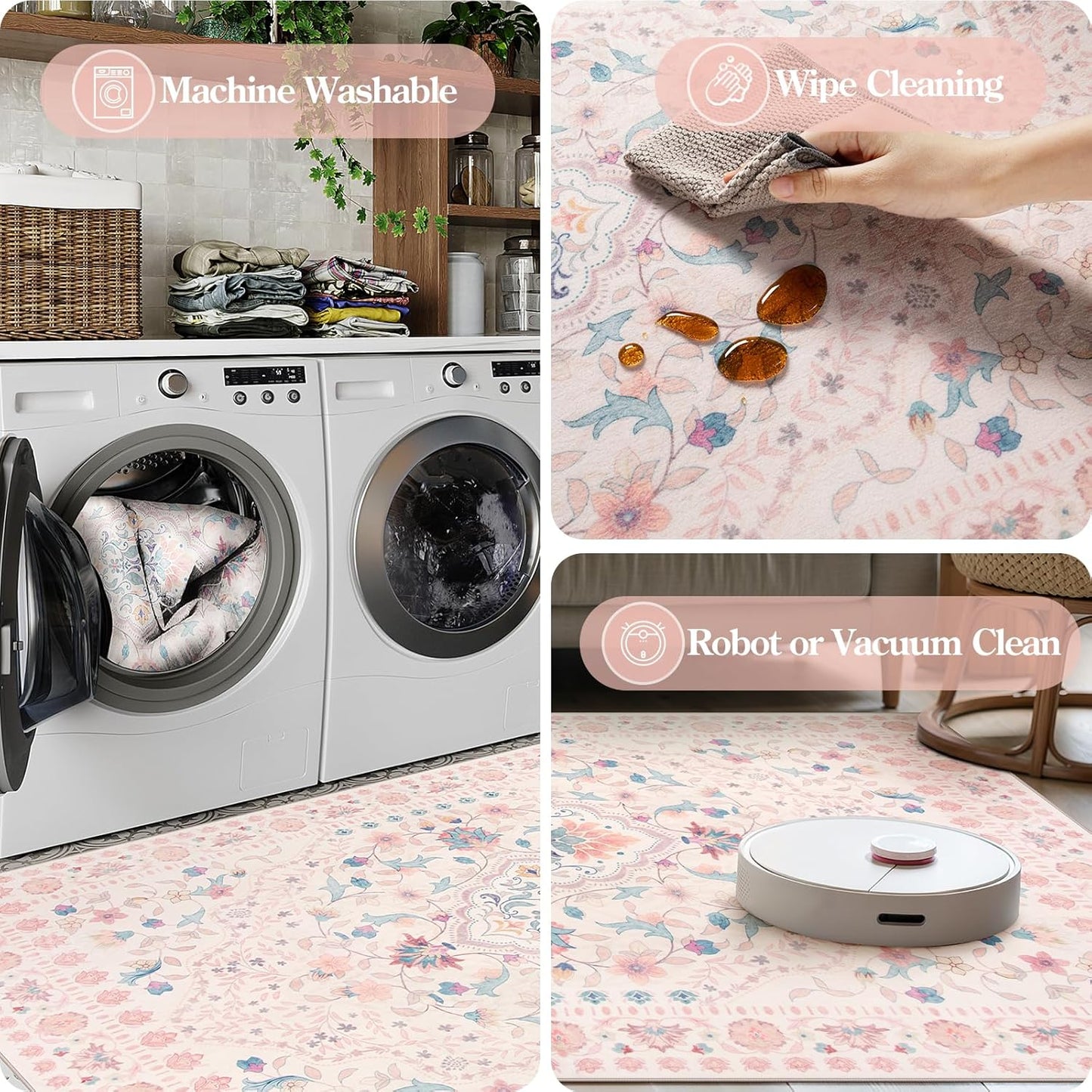 Wonnitar Boho Floral 8x10 Pink Area Rug, Washable Kids Rugs for Bedroom, Large Ultra-Thin Soft Non Slip Carpet for Nursery Living Room Playroom Classroom, Pastel Pink