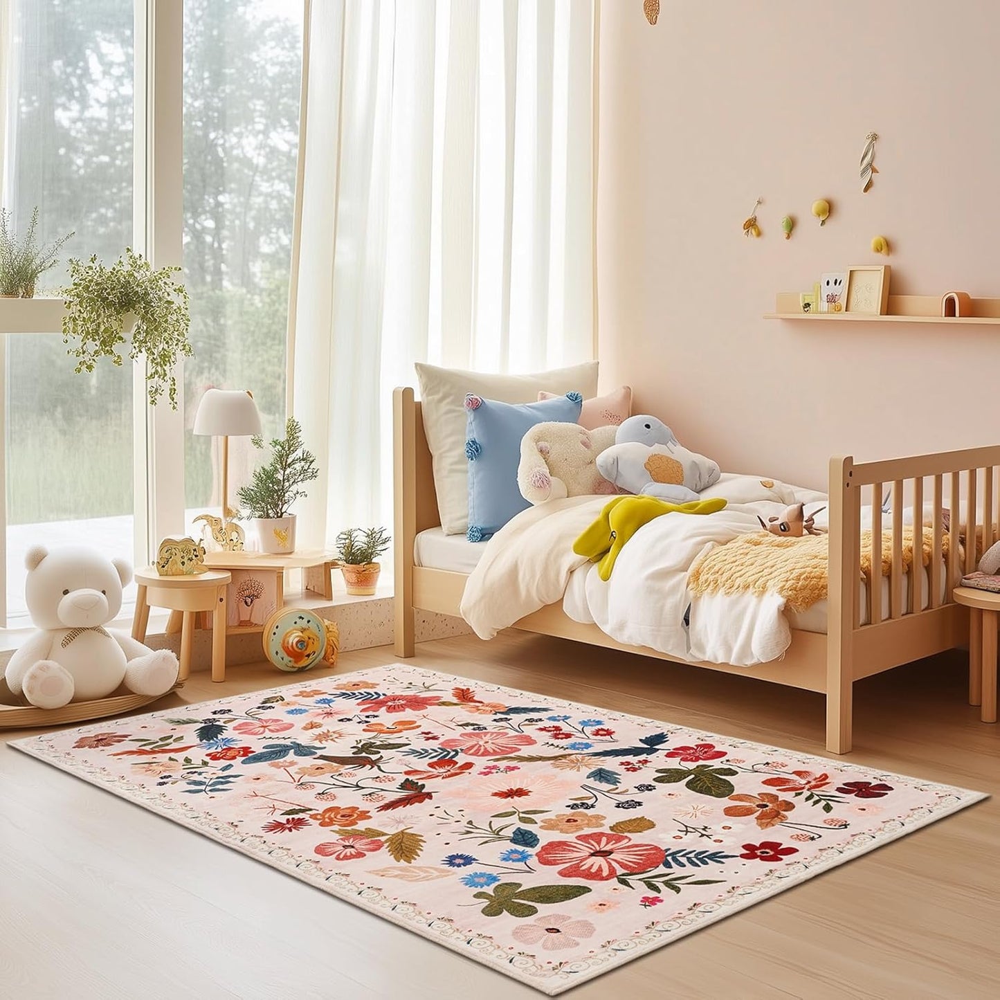 Area Rugs 4x6 for Living Room Machine Washable Non Slip Sound Absorbing Soft Faux Fur Low Pile Carpet Rugs Beige Boho Floral Rug for Living Room Bedroom Kids Room College Dorm Dining Room