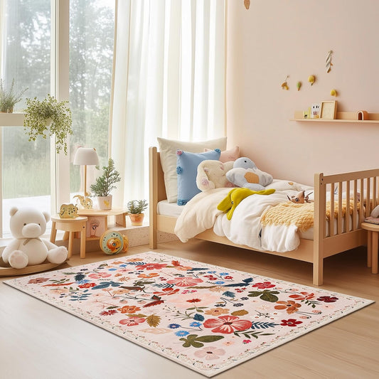 Beige 3x5 Area Rugs for Bedside Machine Washable Boho Floral Small Carpet Rugs Soft Non-Slip Low Pile Faux Fur Cream Farmhouse Aesthetic Rug for Living Room Entrance Bedroom Patio Office