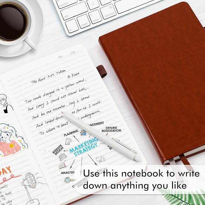 feela 5 Pack Journal Notebook Bulk for School, Hardcover Business Notebooks Classic Ruled Lined Journals with Pen Holder for Work Note Taking, with 5 Black Pens, 120 GSM, 5.1”x8.3”, A5, Brown