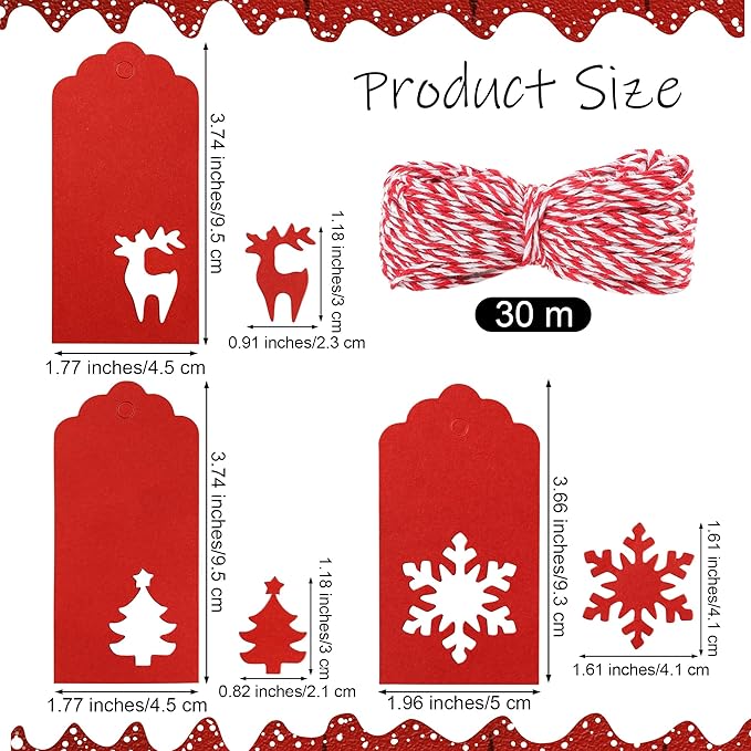 Aneco 150 Pieces Christmas Paper Gift Tags Red Kraft Tags Hang Labels Christmas Tree Snowflake Reindeer Design with 30 Meters Twine for Christmas DIY Wrapping Favor Holiday Present