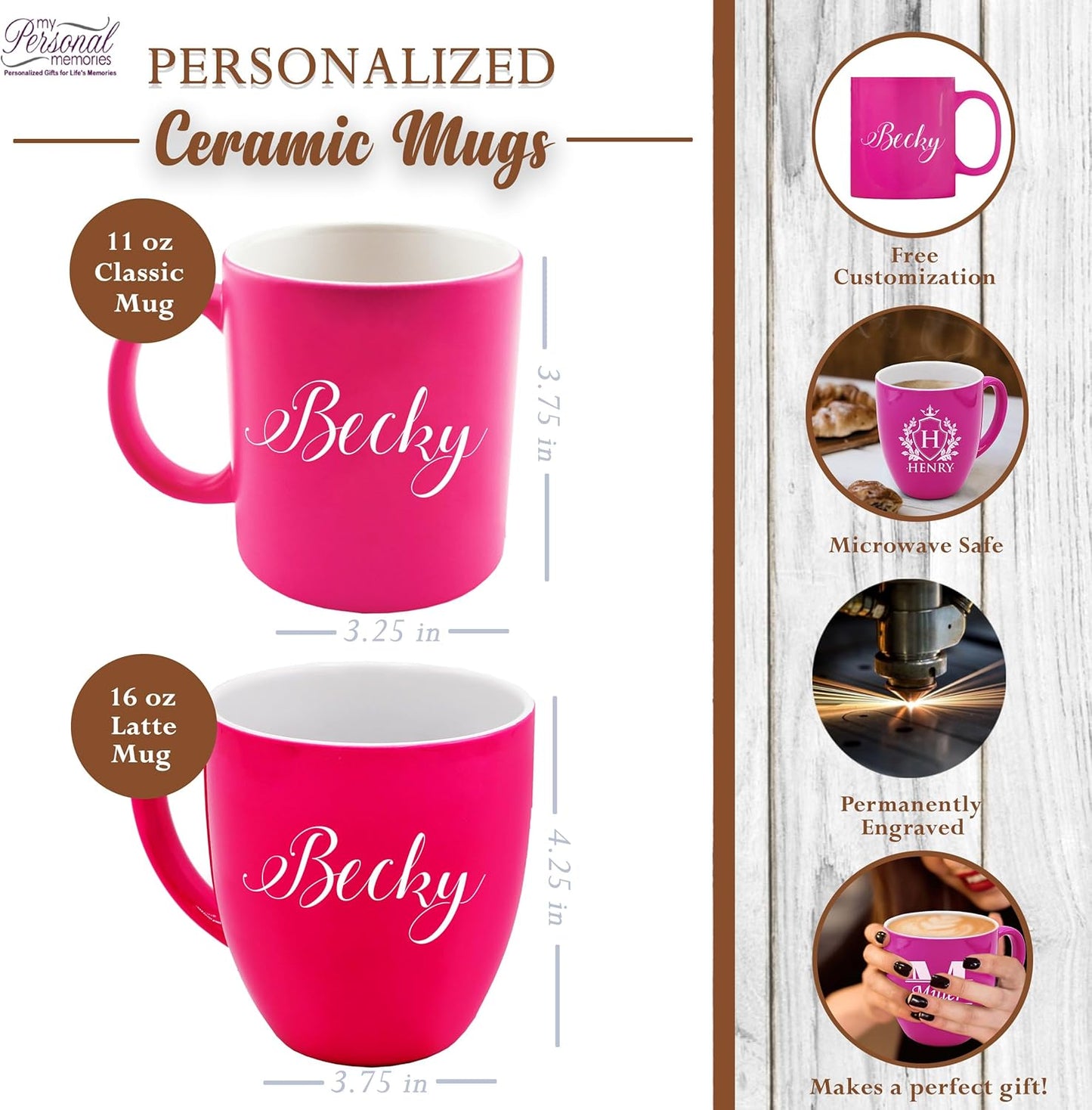 My Personal Memories Custom Monogrammed Coffee Latte Mug and Tea Cup - Personalized and Engraved (Pink)