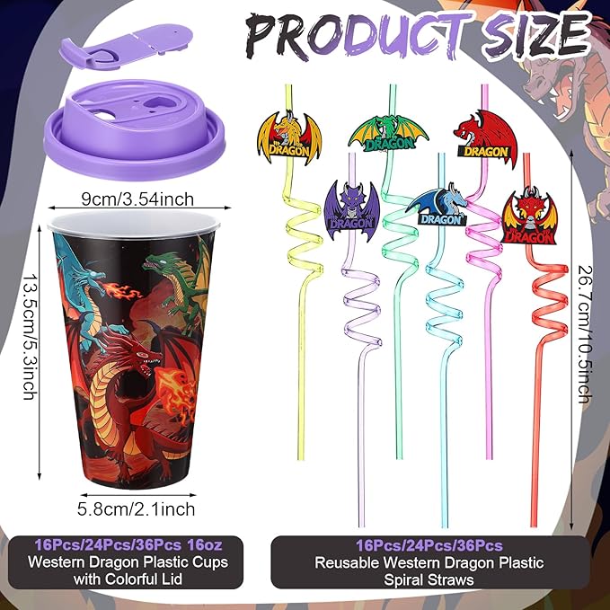 Yungyan 16 Sets Dragon Party Favors Goodie Cups with Lids and Straws for Birthday Decorations Reusable 16oz Plastic Candy Cups Plastic Straws for Birthday Party (Dragon)